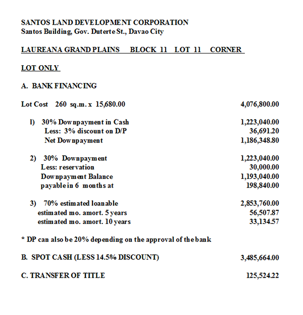 corner laureana grand plains sample computation